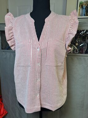 NWT Marc New York Ruffled Sleeve Button-Front Pink Stripe Blouse- Medium